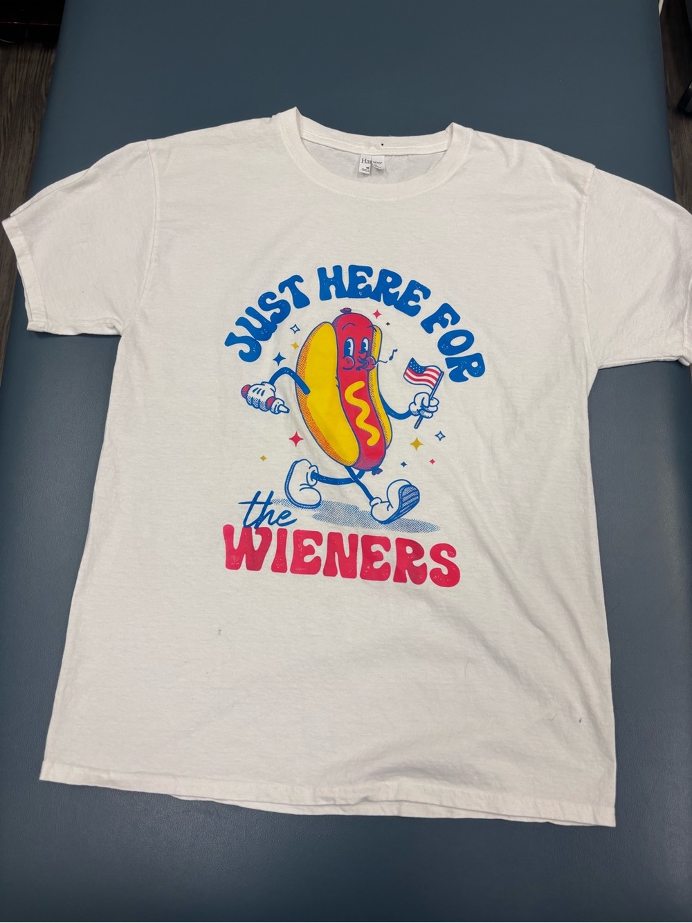 Hanes White Short Sleeve Tee with Blue, Red & Yellow Hot Dog Graphic